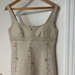 BCBG MAX AZRIA, NATURAL LINEN, SZ 6, SUMMER SHEATH DRESS, EMBROIDERY DET…